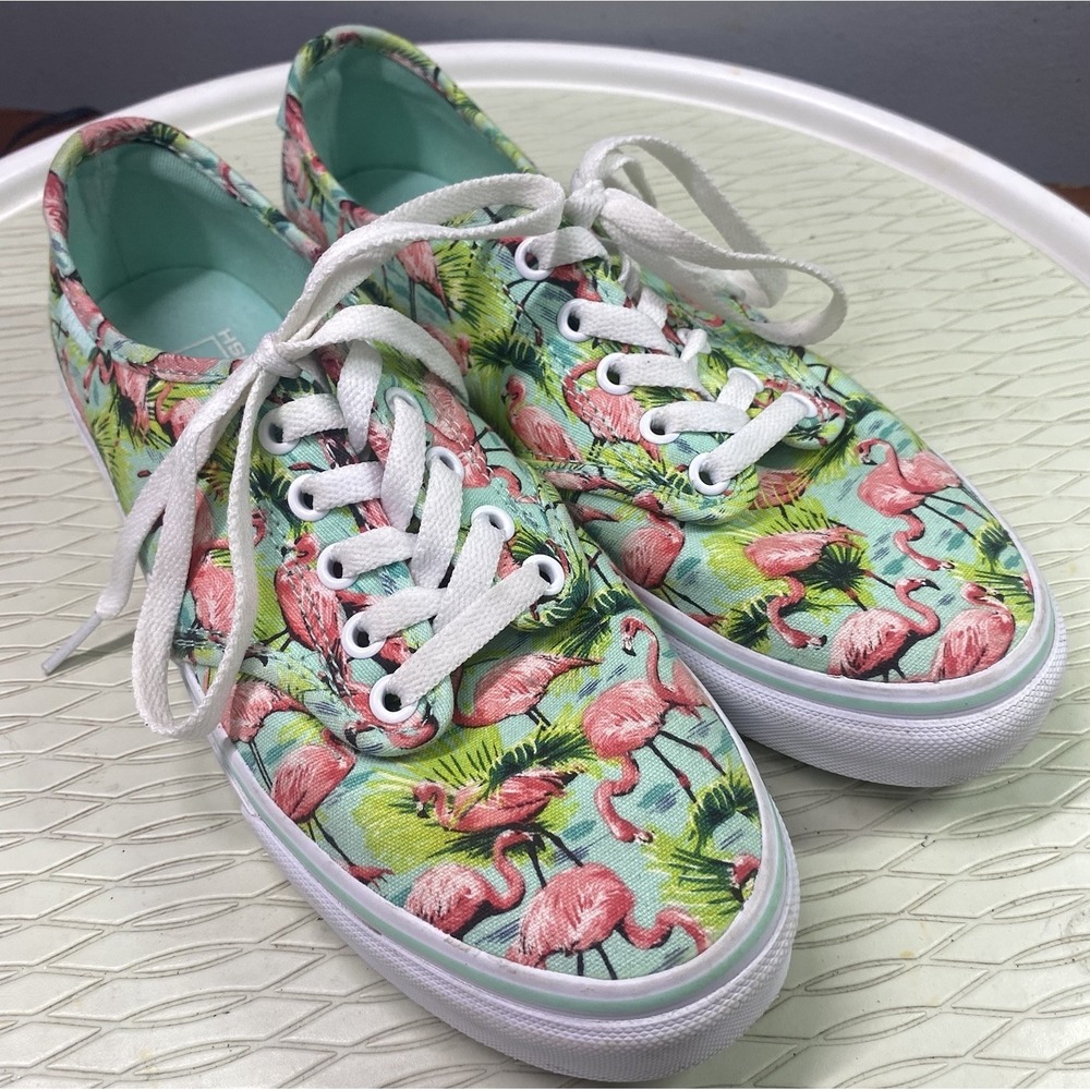 Vans Pink Flamingo Tropical Print Women's Green Sneakers Skateboard Shoes‎ Sz. 8